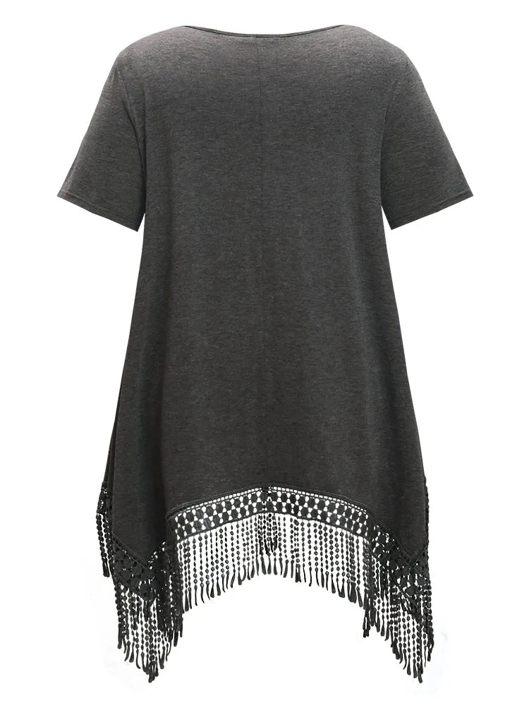 Solid Round Neck Lace Fringe Hem T-shirt