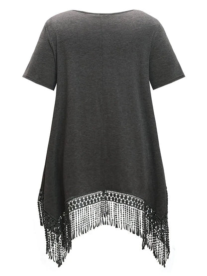 Solid Round Neck Lace Fringe Hem T-shirt