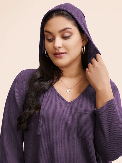 Waffle Knit Pocket Hooded Drawstring Arc Hem T-Shirt