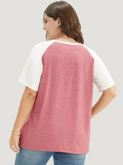 Colorblock Contrast Notched Raglan Sleeve T-shirt