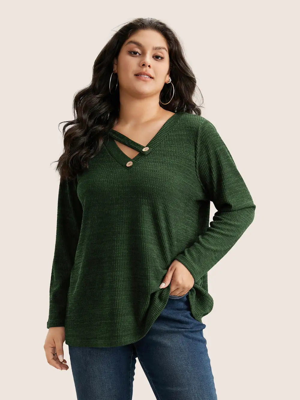 Solid Rib Knit Button Detail T-Shirt