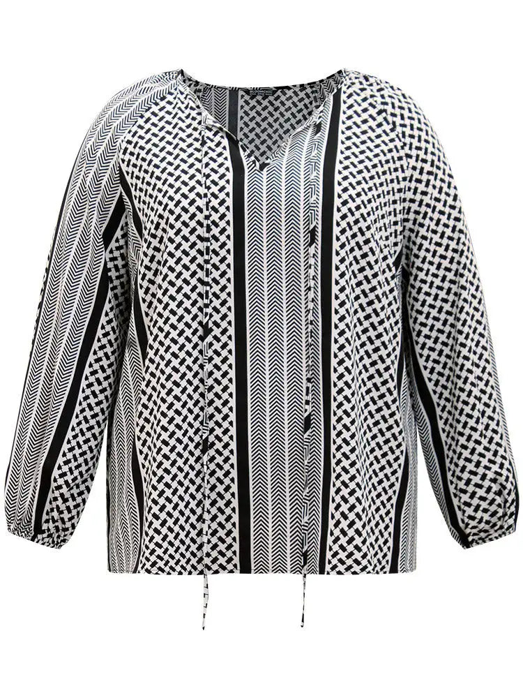 Geo Striped Tie Lantern Sleeve Blouse
