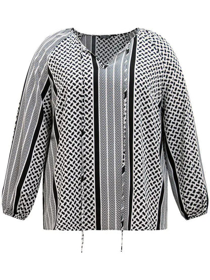 Geo Striped Tie Lantern Sleeve Blouse