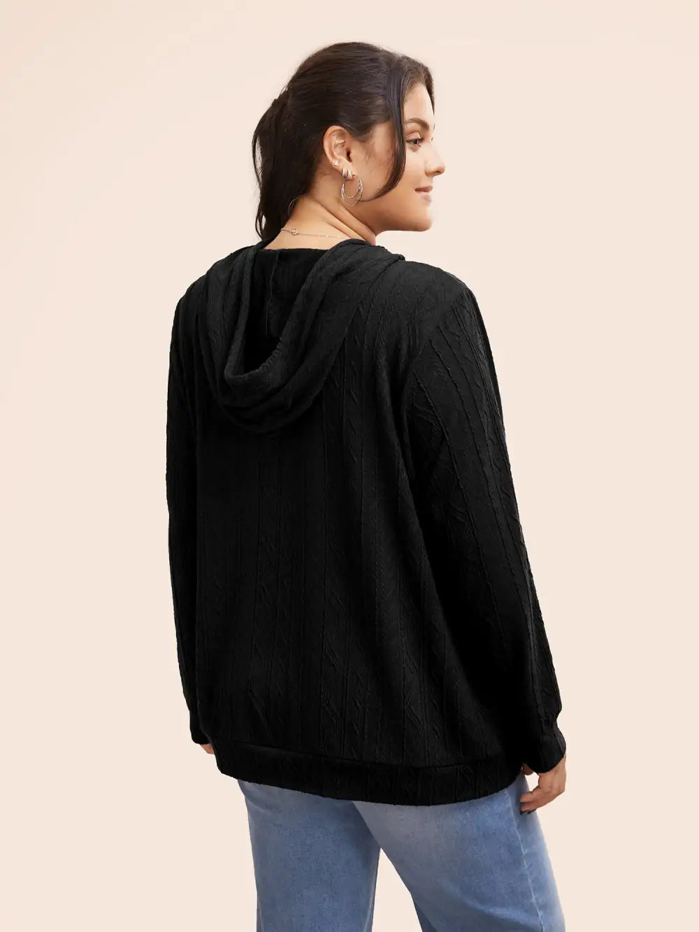 Plain Textured Hooded Drawstring Sweatshirt