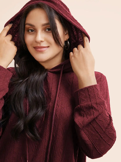 Plain Textured Hooded Drawstring Sweatshirt