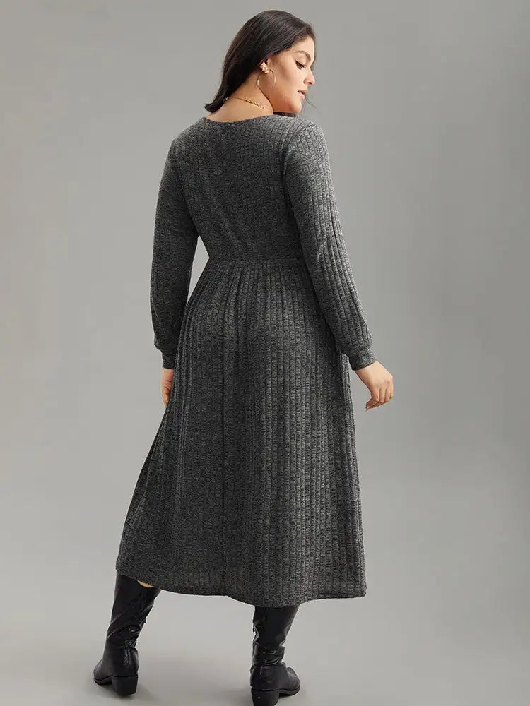 Rib Knit Plain Plisse Long Sleeve Dress