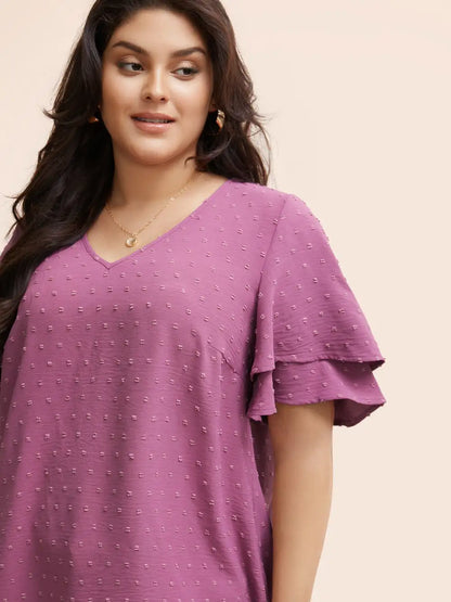 Plain Ruffle Tiered Sleeve V Neck Polka Dot Blouse