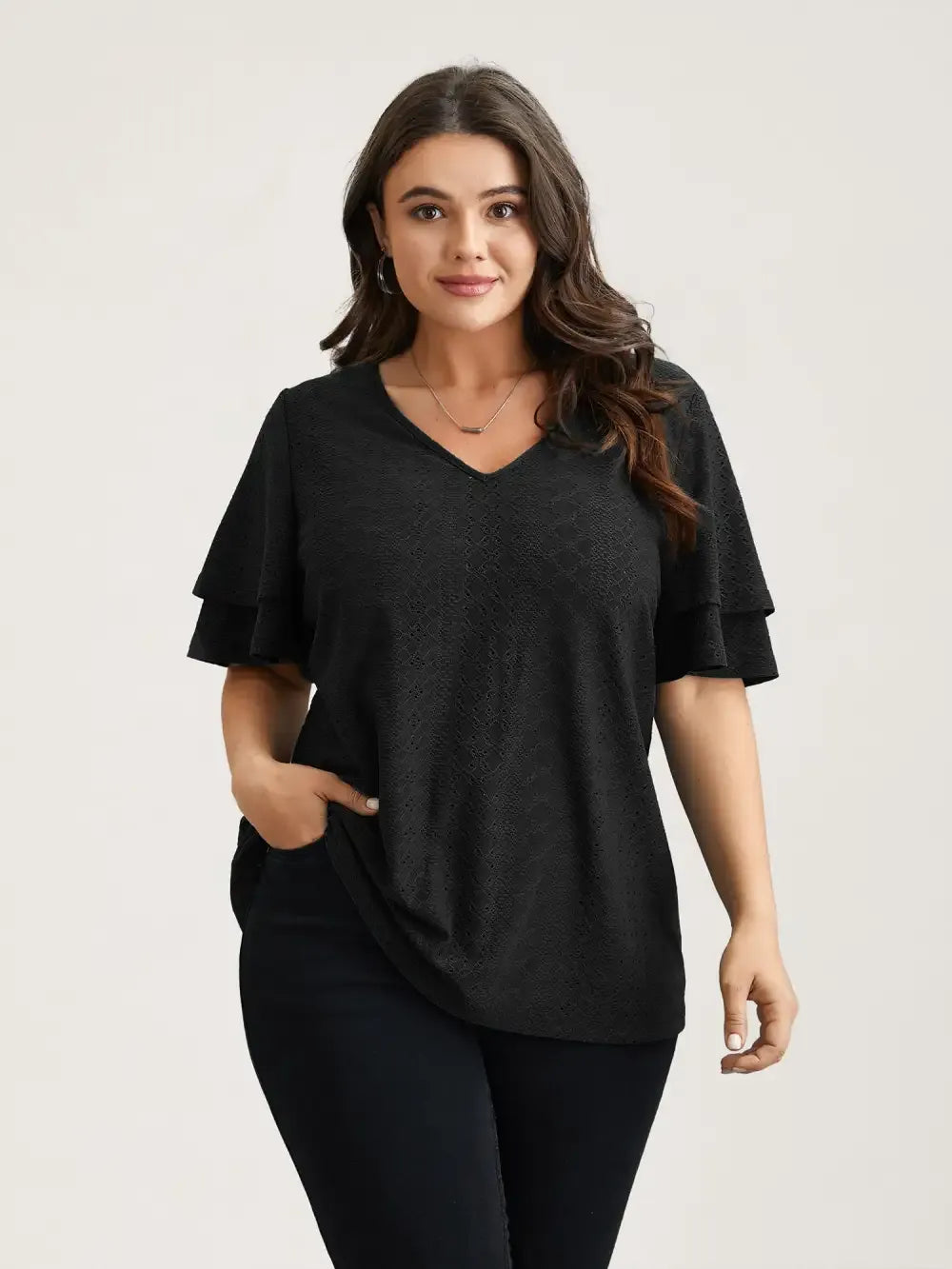 Jacquard Textured Lotus Leaf Sleeve Top