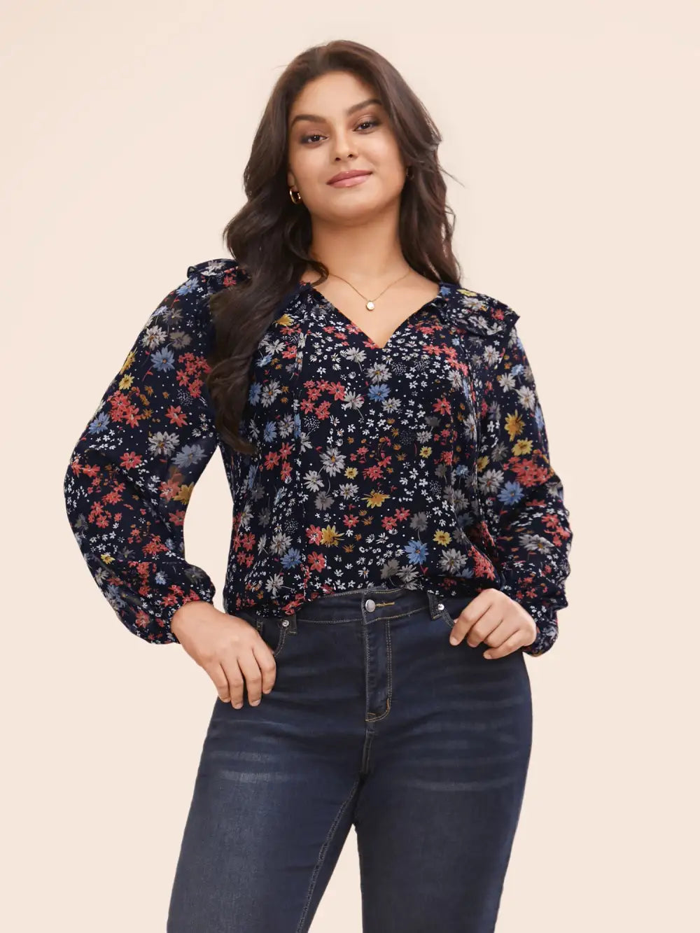 Chiffon Floral Tie Knot Ruffle Trim Blouse