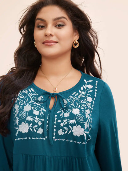 Floral Embroidered Knot Neck Lantern Sleeve T-Shirt