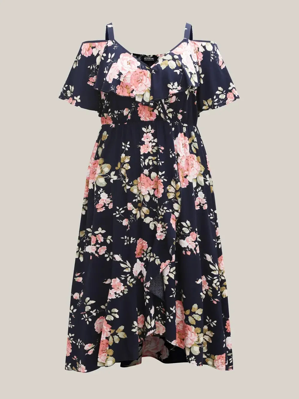 Ruffled Neck Off-Shoulder Floral Midi Dress