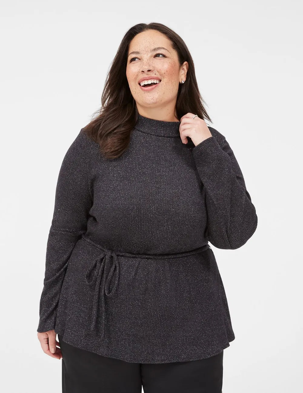 Lurex Mock-Neck Tie-Waist Top