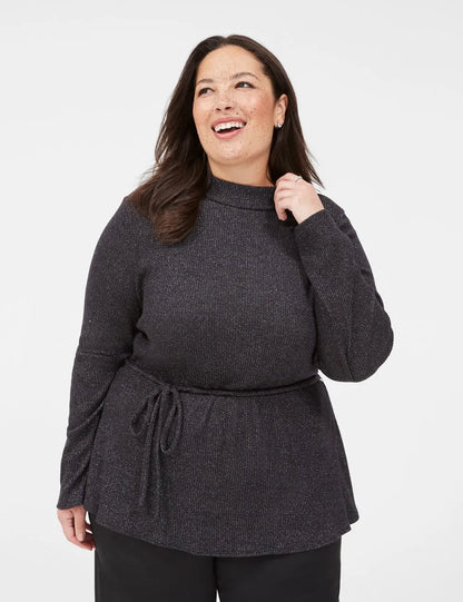 Lurex Mock-Neck Tie-Waist Top
