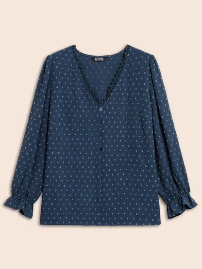 Textured Lace Trim Patchwork Ruffles Blouse