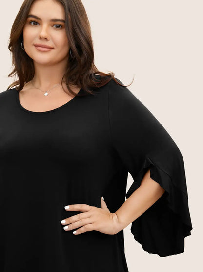 Solid Ruffle Sleeve High Low Hem T-Shirt