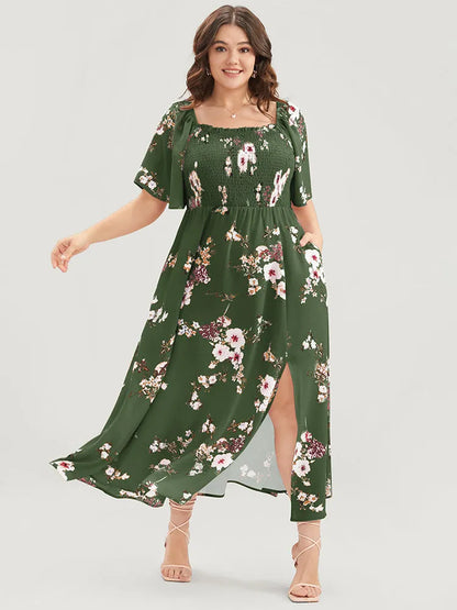 Floral Square Neck Ruffles Pocket Shirred Split Dress