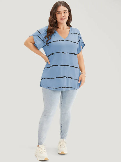 Striped Contrast Petal Sleeve T-shirt
