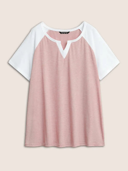 Colorblock Contrast Notched Raglan Sleeve T-Shirt