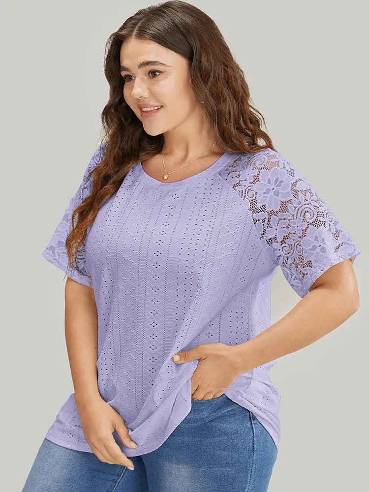 Solid Broderie Anglaise Lace Raglan Sleeve T-shirt