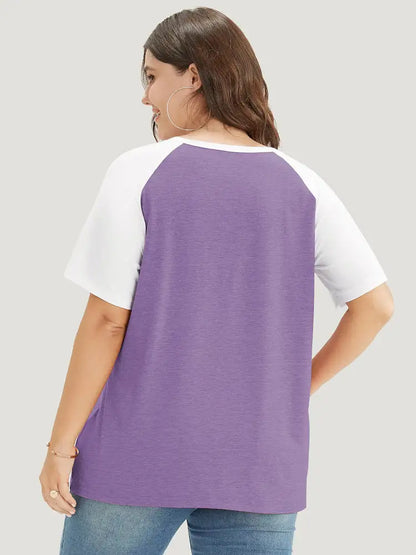 Colorblock Contrast Notched Raglan Sleeve T-shirt