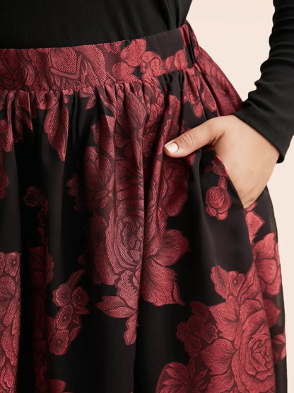 Floral Elastic Waist Pocket Skirt