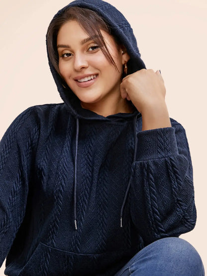 Solid Cable Knit Hooded Drawstring Sweatshirt