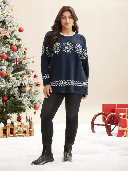 Snowflakes Pattern Contrast Round Neck Pullover