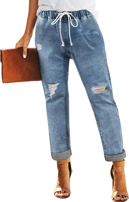 Womens Casual Denim Jeans Pull-on Stretch Jeans Elastic Waist Jean Denim Drawstring Joggers Pants