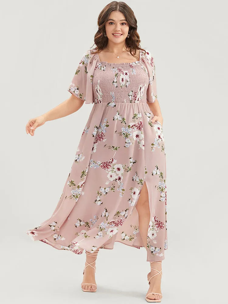 Floral Square Neck Ruffles Pocket Shirred Split Dress