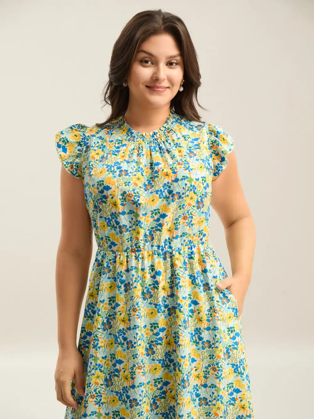 Floral Print Shirred Pockets Midi Dress