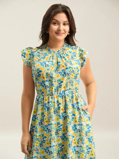Floral Print Shirred Pockets Midi Dress