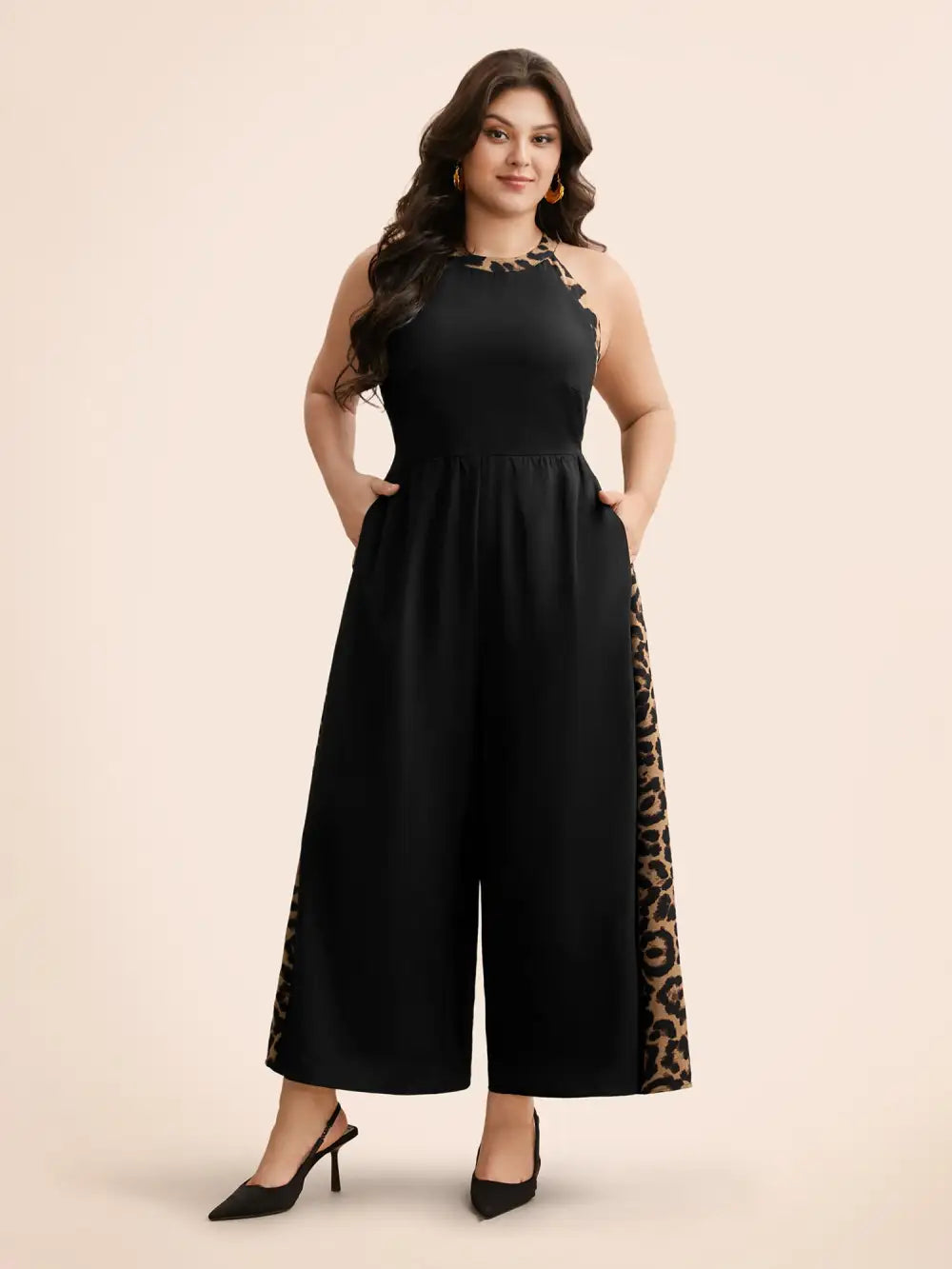 Leopard Print Patchwork Sleeveless Jumpsuit