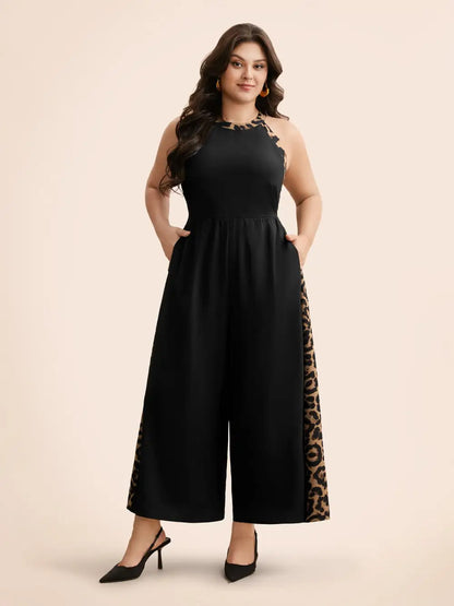 Leopard Print Patchwork Sleeveless Jumpsuit