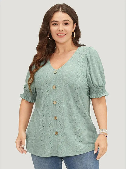 Plain Broderie Anglaise Shirred Puff Sleeve Button Detail T-shirt
