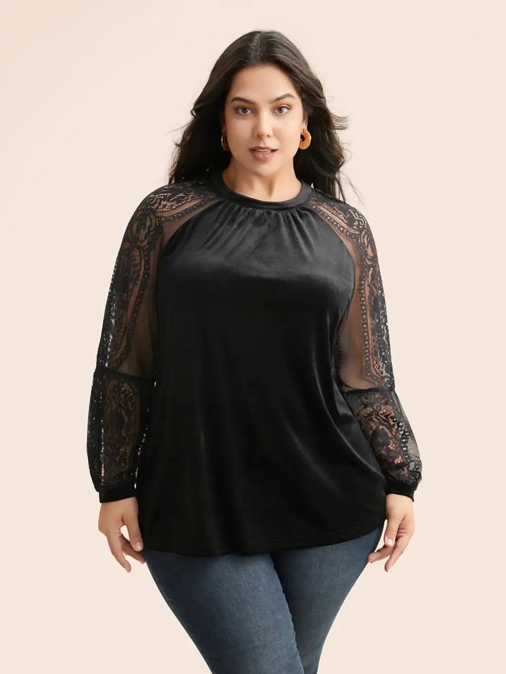 Lace Patchwork Velvet Raglan Sleeve Blouse