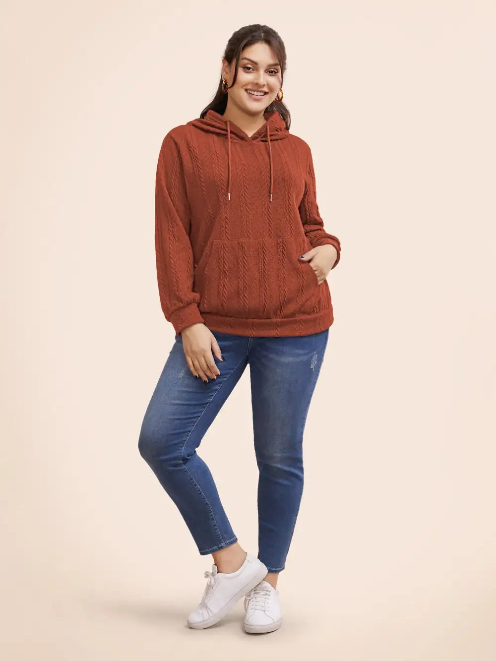 Solid Cable Knit Hooded Drawstring Sweatshirt