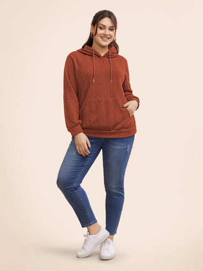 Solid Cable Knit Hooded Drawstring Sweatshirt