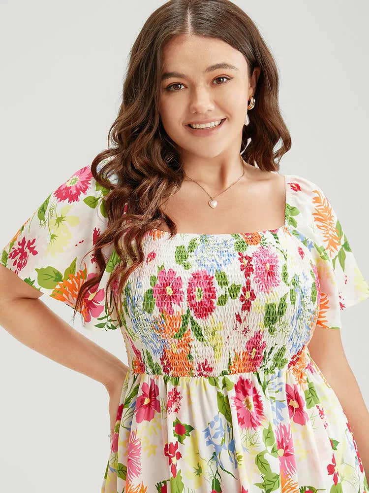 Floral Backless Shirred Square Neck Pocket Ruffle Hem Dress