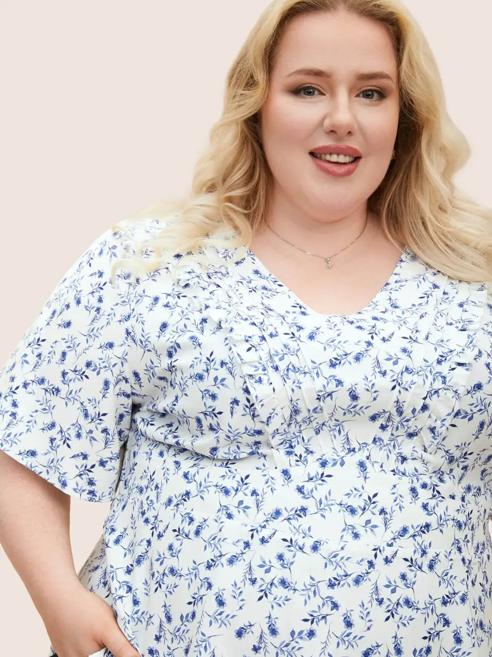Floral Pleated Elastic Waist Ruffle Sleeve Blouse