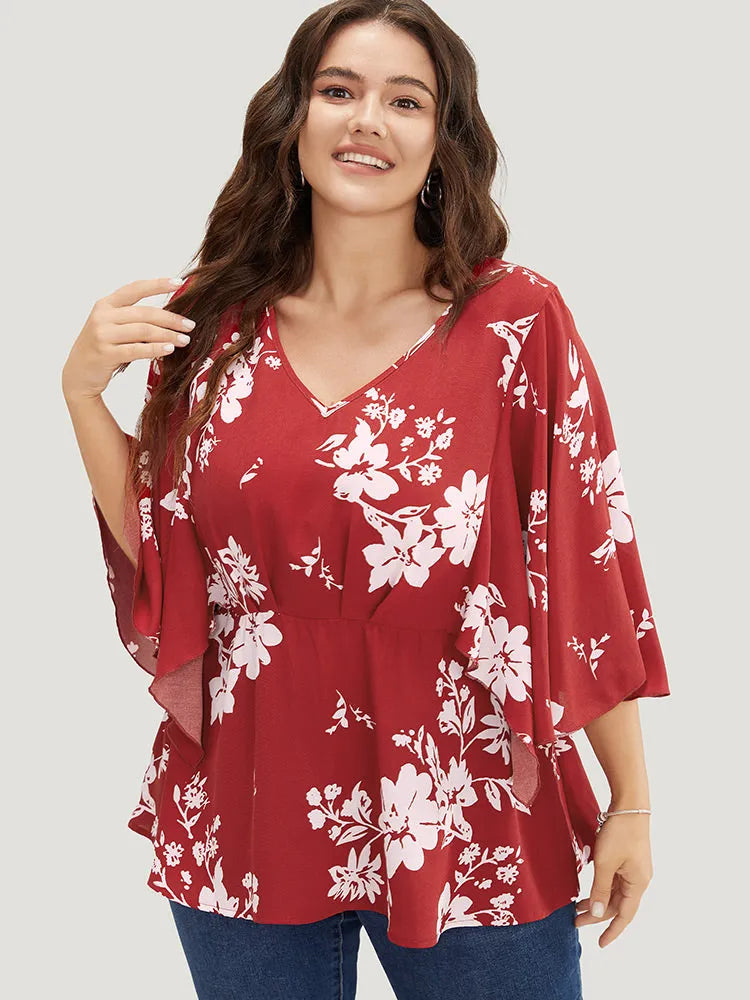 Floral Printed Plicated Detail Flutter Sleeve Blouse