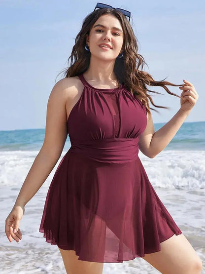 Knotted Back Mesh Insert Halter Swim Dress