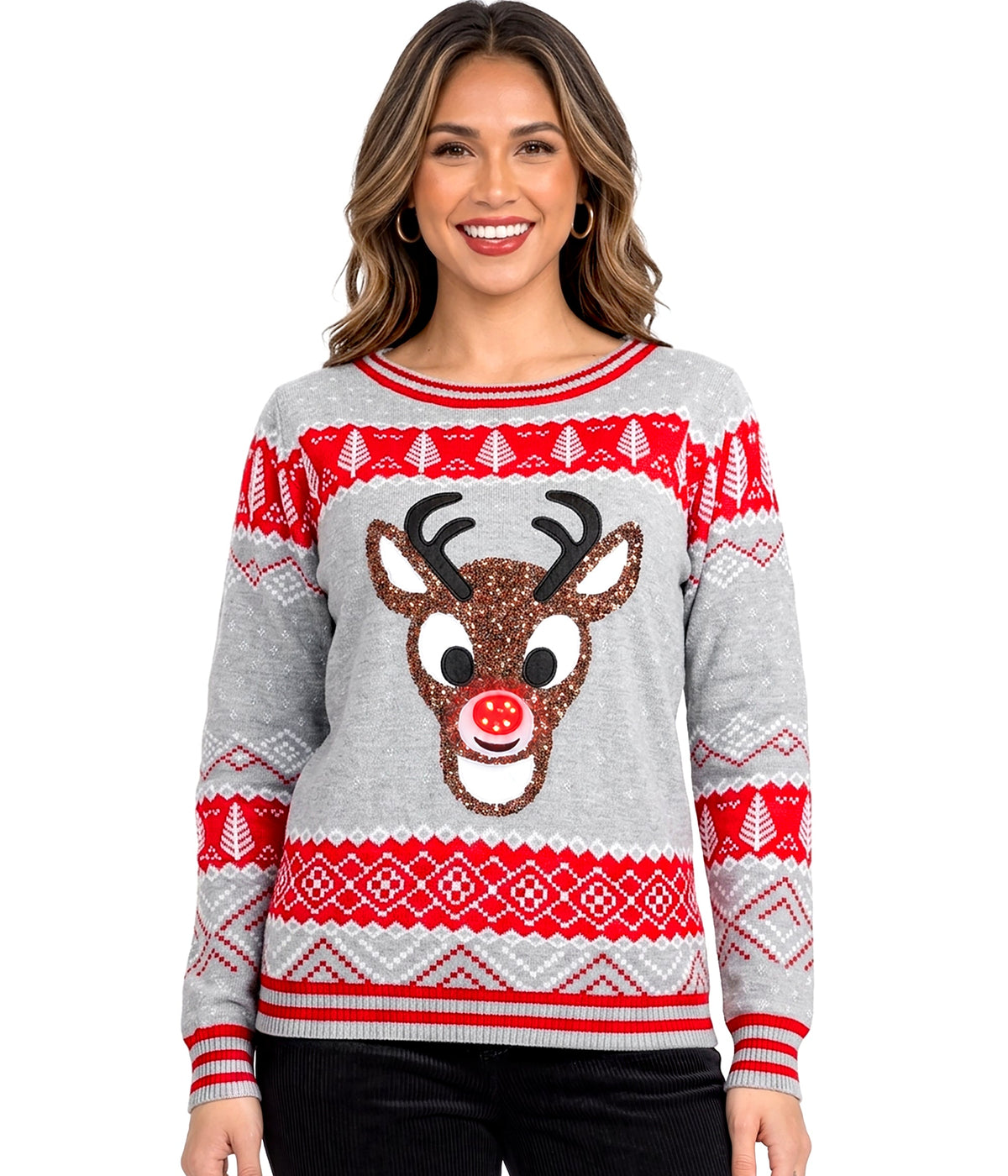 Women's Sequin Rudolph Light Up Ugly Christmas Sweater