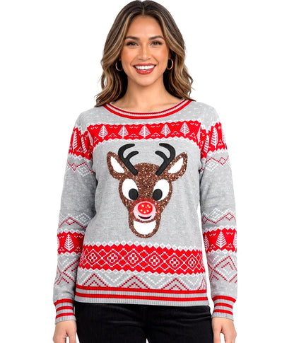 Women's Sequin Rudolph Light Up Ugly Christmas Sweater