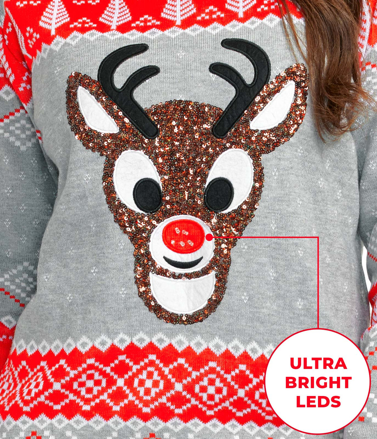 Women's Sequin Rudolph Light Up Ugly Christmas Sweater