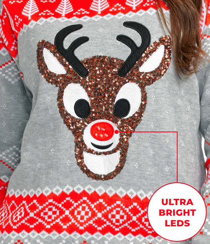 Women's Sequin Rudolph Light Up Ugly Christmas Sweater