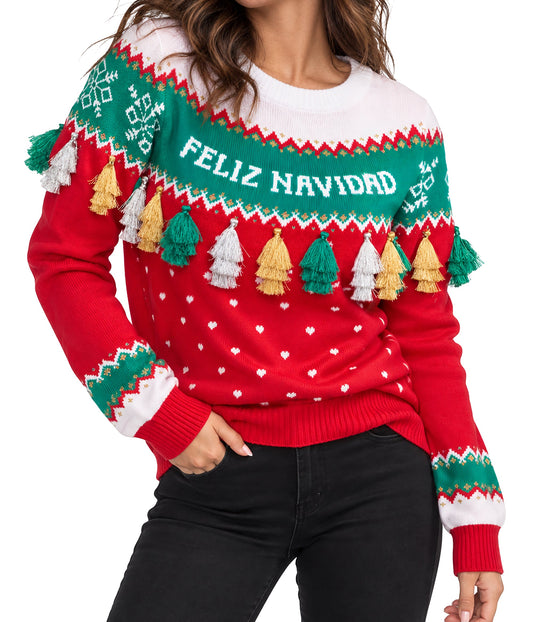 Women's Feliz Navidad Tassel Ugly Christmas Sweater