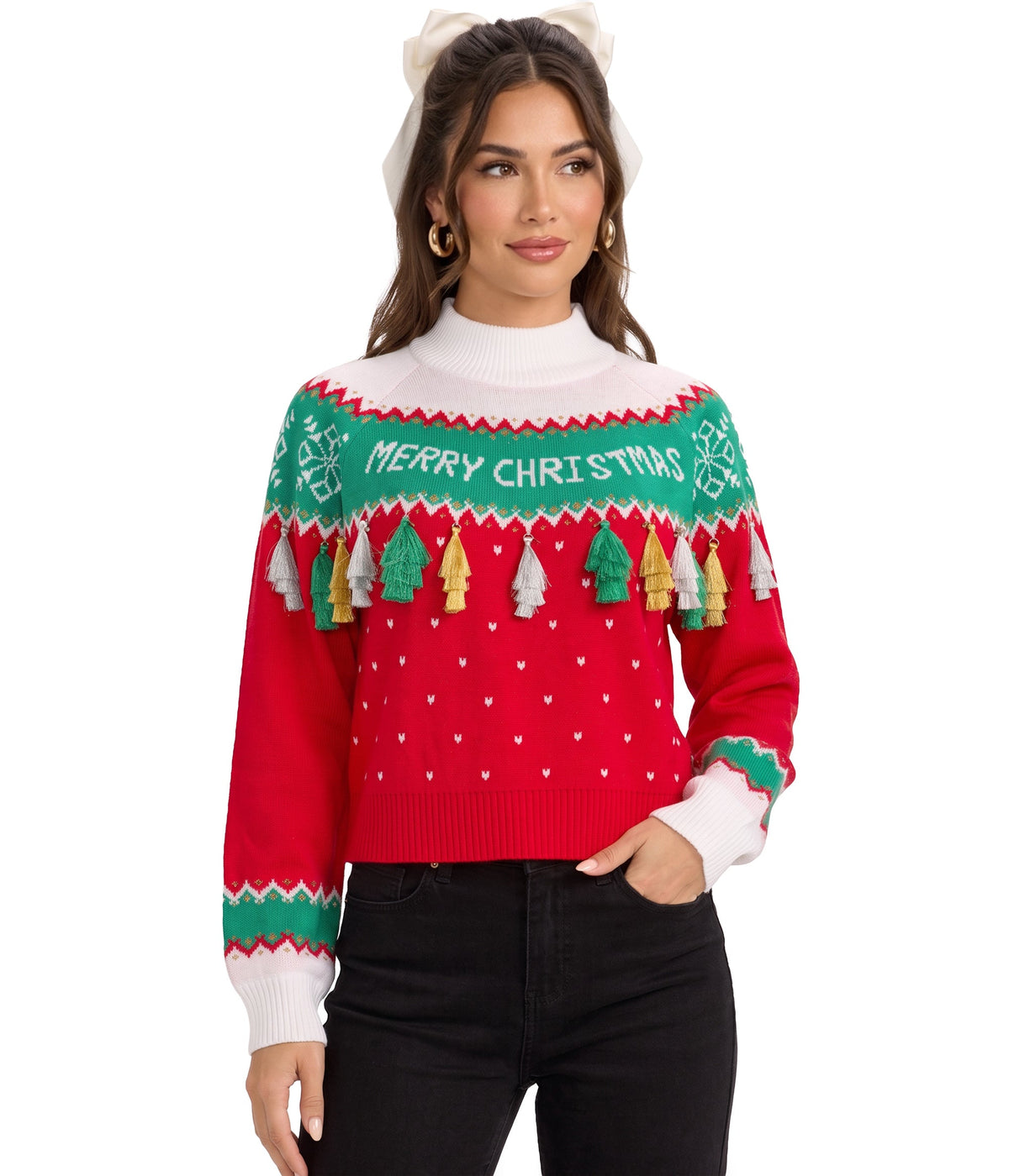 Women's Merry Christmas Tassel Turtleneck Cropped Sweater