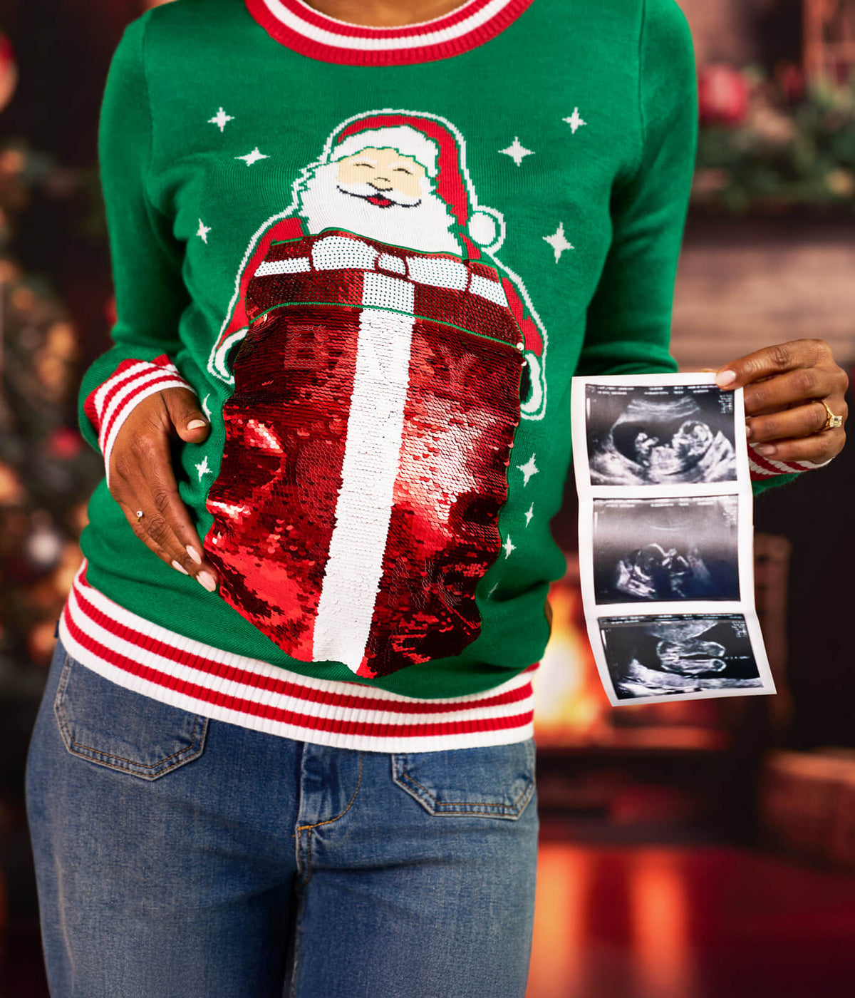 Women's Big Reveal Reversible Sequin Maternity Christmas Sweater