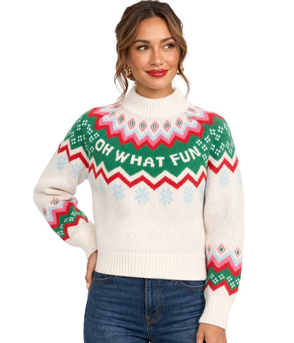 Women's Cozy Knit Oh What Fun Cropped Christmas Sweater