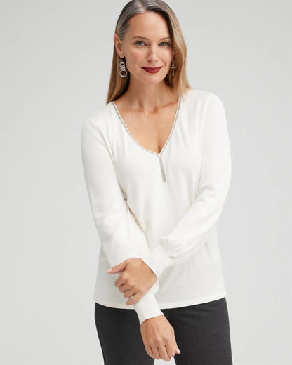 Caviar Trim V-Neck Pullover Sweater